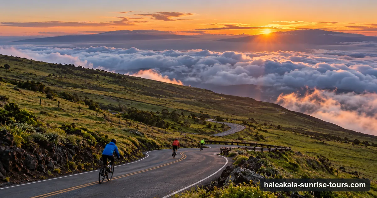 Cyclists riding down a winding upcountry road on the green slopes of Haleakalā above the clouds