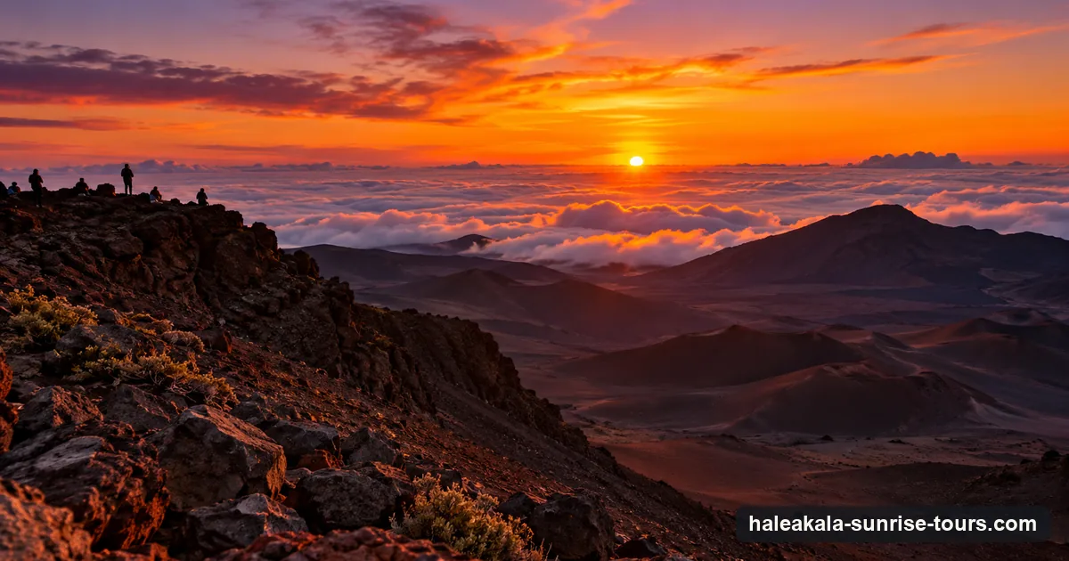 Sunset over a sea of clouds from the summit area of Haleakalā on Maui