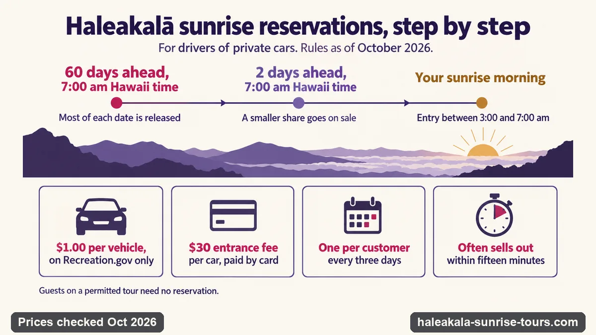 Infographic of the Haleakala sunrise reservation: released at 7 am Hawaii time 60 days and 2 days ahead, valid for entry between 3 and 7 am, 1 dollar per vehicle on Recreation.gov plus the 30 dollar entrance fee, one per customer every three days, often sold out within fifteen minutes