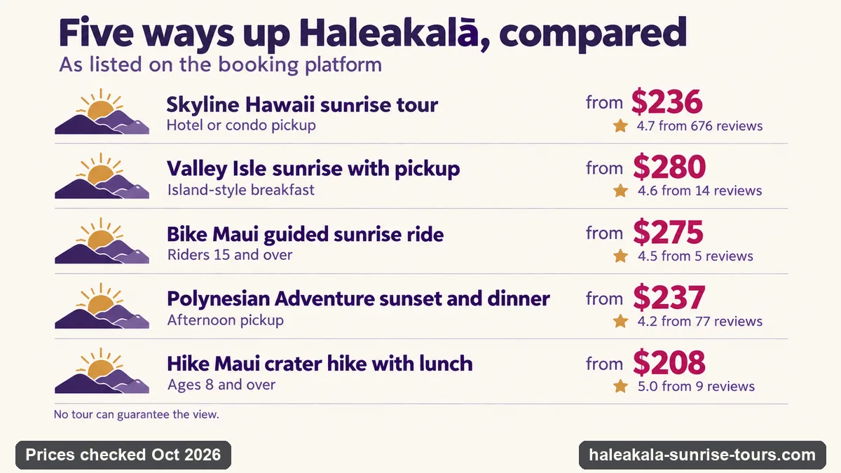 Infographic comparing five Haleakala tours: the Skyline Hawaii sunrise tour from $236, Valley Isle's sunrise from $280, Bike Maui's guided sunrise ride from $275, Polynesian Adventure's sunset and dinner from $237 and Hike Maui's crater hike from $208