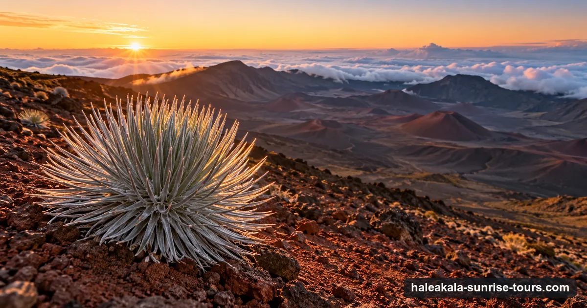 A silversword plant on red cinder near the summit of Haleakalā at dawn