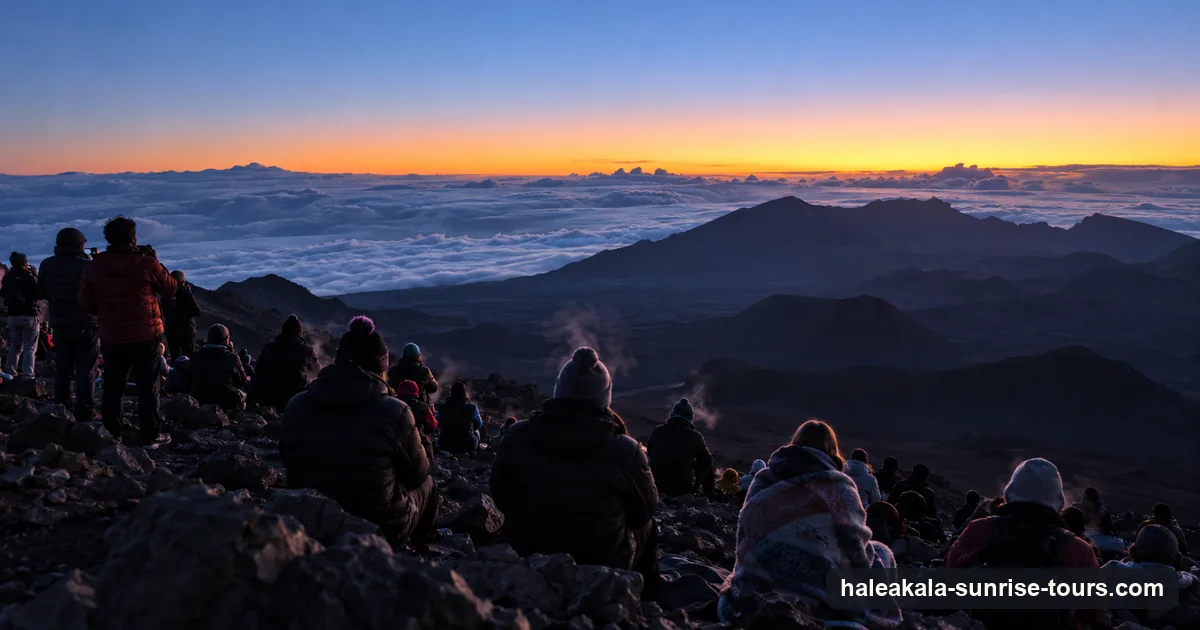 Visitors in winter jackets and blankets waiting for sunrise on Haleakalā in the cold blue dawn